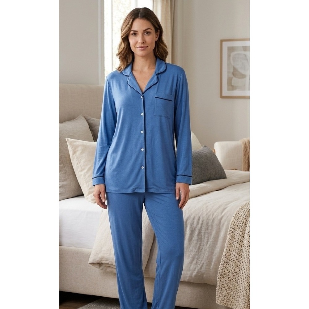 Ekouaer Pajama Set Women's XS Sleepwear Loungewear Long Sleeve Top & Pants Blue